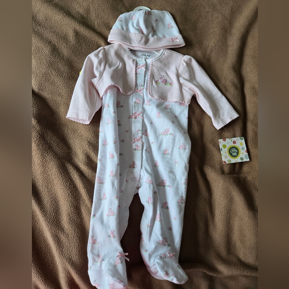 Baby Girl Little Me 2 Pc Pink Bunnies Footie Bunny Bodysuit & Hat Size 0-3 M